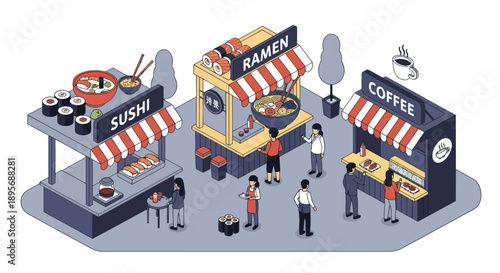 Food Carts Serving Sushi Ramen Coffee.