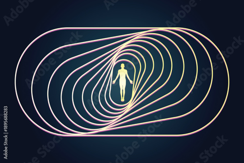 Abstract Digital Human Silhouette Centered in Glowing Concentric Geometric Tunnel