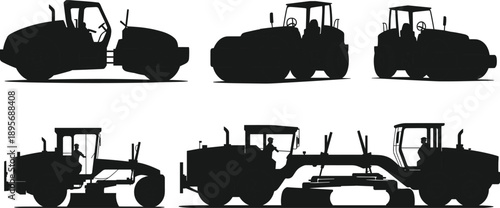 Road roller compactor construction vehicle silhouette set for asphalt compaction and highway infrastructure isolated on white background