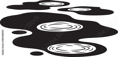 Black liquid splatters with white circles on white background
