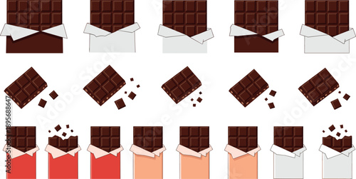 Chocolate bar wrapper variations with broken pieces vector set sweet dessert illustration
