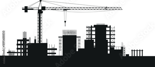 Silhouette, city, construction, skyline, crane, urban, development, building, architecture, infrastructure, industrial, growth, real, estate, project, engineering, progress, isolated, black, concept