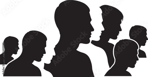 Silhouettes of diverse people in a crowd facing right