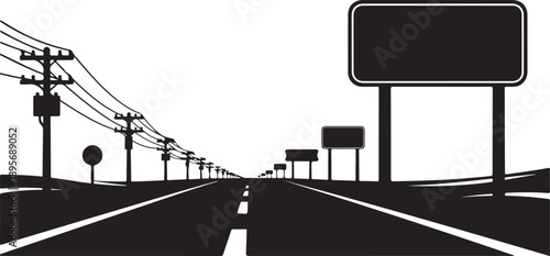 Black and white highway road with billboards and signs