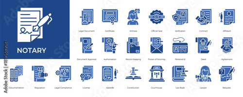Notary Icon set Collection in Glyph Two Color Style. notary, legal, document, signature, certificate, verification