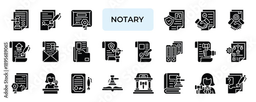 Notary Icon set Collection in Solid Glyph Style. notary, legal, document, signature, certificate, verification