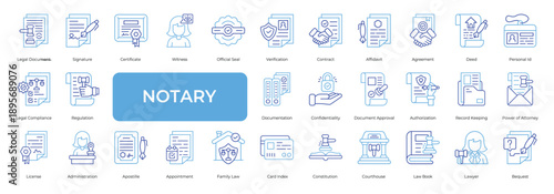 Notary Icon set Collection in Line Two Color Style. notary, legal, document, signature, certificate, verification