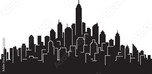 Black and white city skyline with skyscrapers silhouette illustration