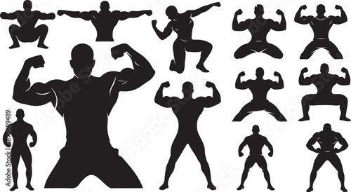 Silhouettes of muscular men in various powerful poses collection