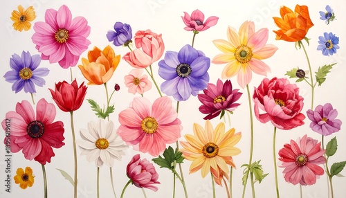 Delicate watercolor art of various vivid flowers with thin stems, against a plain white background, artfully arranged
