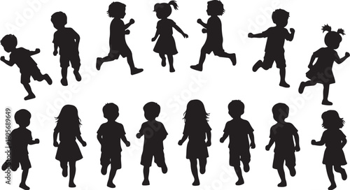 Silhouettes of children running and playing together outside freely
