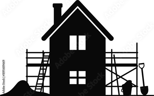Silhouette, house, under, construction, scaffolding, renovation, home, building, architecture, property, real, estate, development, repair, tools, ladder, bucket, isolated, black, icon