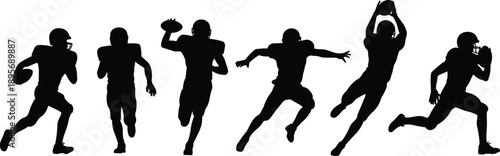 Silhouette of American football players in action sequence, black sport illustration showing running, passing, catching, teamwork, energy and athletic competition concept