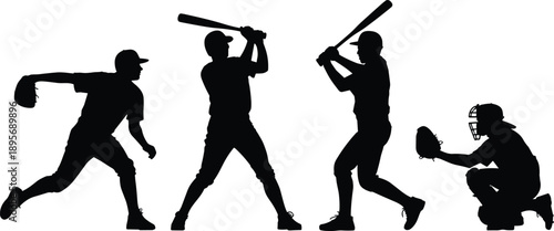 Silhouette of baseball players in action poses, black sport illustration showing pitching, batting, catching, teamwork, motion and competitive game concept
