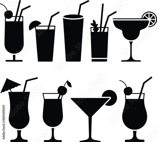 Silhouette of cocktail drinks collection isolated on white background, black bar illustration showing beverages, glasses, straws, garnish and party concept