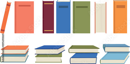 Colorful closed and stacked book vector illustration set in flat style for education, reading and publishing concepts