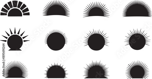 Collection of various black sun and eye icons vector