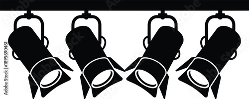 Silhouette of stage spotlights isolated on white background, black lighting illustration showing theater equipment, concert lights, studio setup and performance concept
