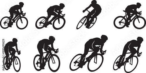 Silhouettes of cyclists in various dynamic riding positions depicted