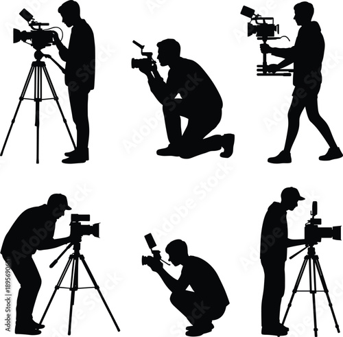 Silhouette of videographers and photographers in action poses, black media illustration showing camera operators, filming, recording, production and creative industry concept