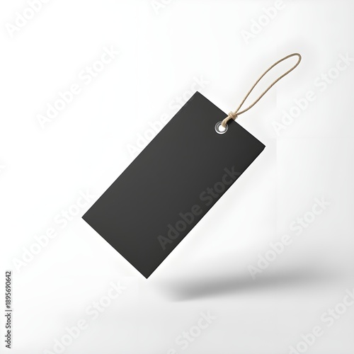 Minimalist Matte Black Blank Price Tag with Cotton String Isolated on White Studio Background