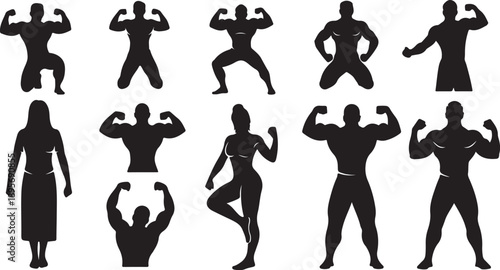 Silhouettes of people showing strength and power poses confidently