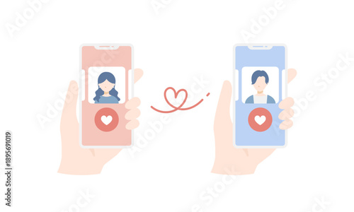 スマホのマッチングアプリで知り合った男女のベクターイラスト 。婚活･恋活･カップル成立･赤い糸 (フラットデザイン)