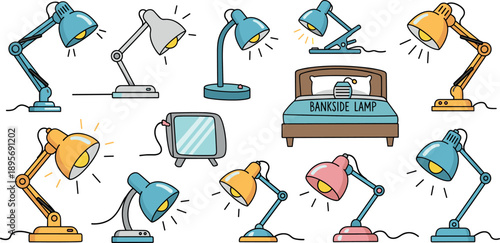 Colorful Desk Lamp Collection Flat Vector Illustration for Office, Study and Home Lighting