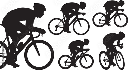 Silhouettes of cyclists in various dynamic riding positions shown
