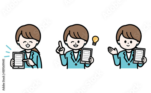 SaaS導入や最新のクラウドツールを解説する女性の3ポーズセット。モダンなテック系企業・ITサービス向け素材。