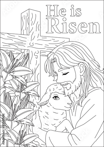 He Is Risen Jesus Christ With Baby Sheep Line Art Coloring Page Black And White Vector