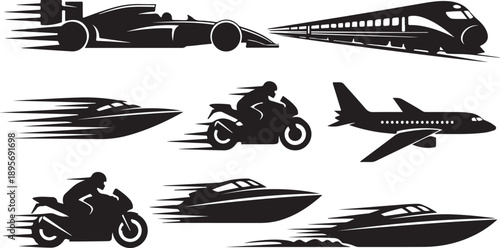 Vehicles in Motion Silhouette Set for Racing and Travel