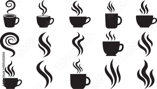 Black coffee cup icons with steam on white background