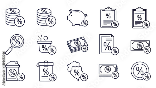 Collection of financial and discount icons representing savings and commerce.