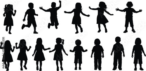 Happy children silhouettes set isolated on white background, group of kids playing running and jumping vector icons for childhood and education design.