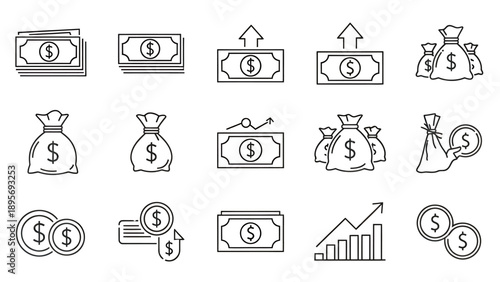 Collection of money icons representing finance growth and profit.