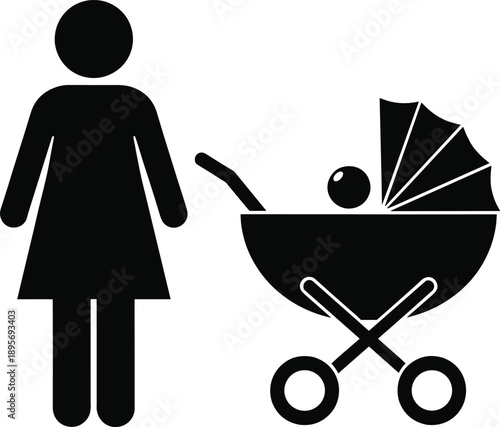 Vector, black, silhouette, icon, of, a, mother, standing, next, to, a, baby, stroller, or, carriage, for, parenthood, infant, care, and, motherhood, designs