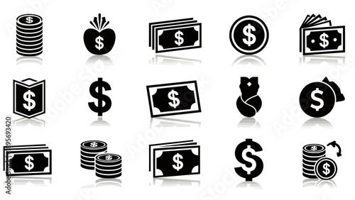 Collection of Iconic Money and Wallet Symbols Related to Finance and Payments.