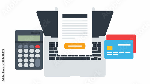 Financial transaction tools on a desk featuring laptop, calculator, receipts and payment cards.