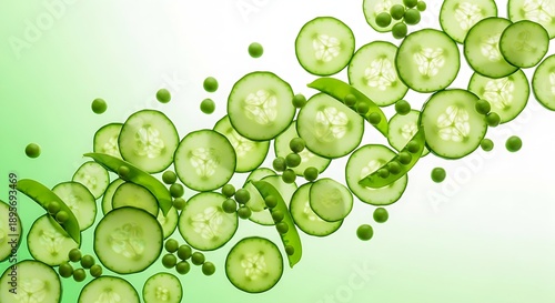 Main Subject: A dynamic, floating arrangement of fresh cucumber slices and open pea pods.