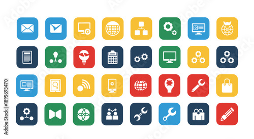 Collection of colorful flat design technology and business icons.
