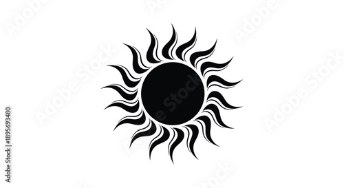 Vector, black, silhouette, of, a, sun, with, decorative, wavy, rays, for, summer, weather, solar, energy, heat, and, nature, themed, graphic, design, elements