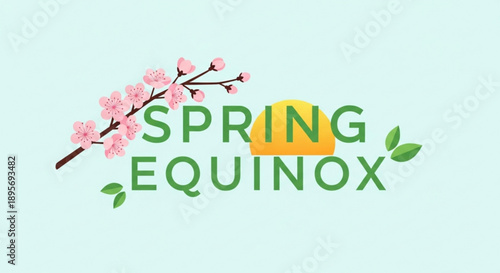 Spring equinox logo with cherry blossoms and sun symbol on a light blue background symbolizing new beginnings and seasonal change