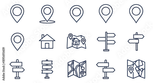 Collection of Outline Icons Representing Location, Navigation, and Direction.