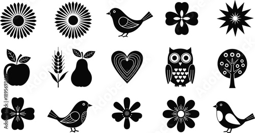 Vector, set, of, black, silhouettes, featuring, birds, flowers, owls, apples, pears, and, hearts, for, spring, nature, garden, and, decorative, folk, art, designs