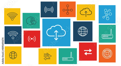 Collection of Technology Icons Representing Connectivity and Cloud Services.