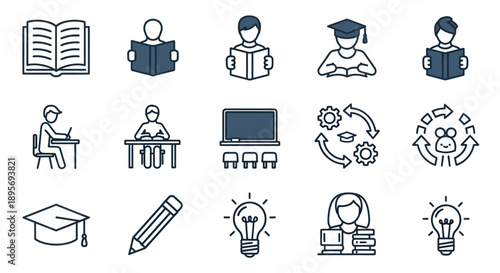 Education and learning icons set with students, books, and graduation caps.
