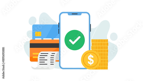 Mobile Digital Payment Illustration Showing Smartphone, Cards, and Coins Emphasizing Secure, Contactless Transactions.