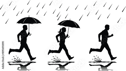 Vector, silhouette, of, people, running, in, the, rain, with, umbrellas, splashing, through, puddles, for, storm, weather, autumn, and, urban, life, themed, designs