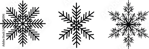 Vector, set, of, three, black, snowflake, silhouettes, with, intricate, crystalline, designs, for, winter, weather, holiday, decorations, Christmas, cards, and, seasonal, graphic, designs